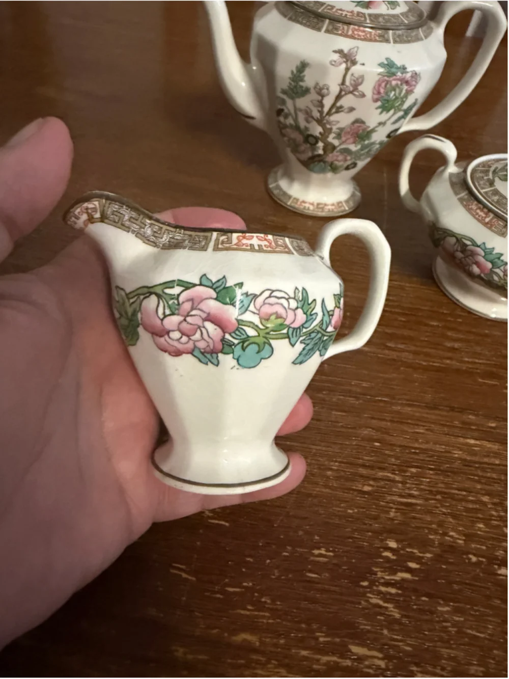 Vintage Wm M Knowles Vitreous China 3 Piece Tea Set Floral Teapot Sugar Bowl Cre
